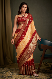 Charming Chikoo Kanjeevaram Silk Bandhani Saree