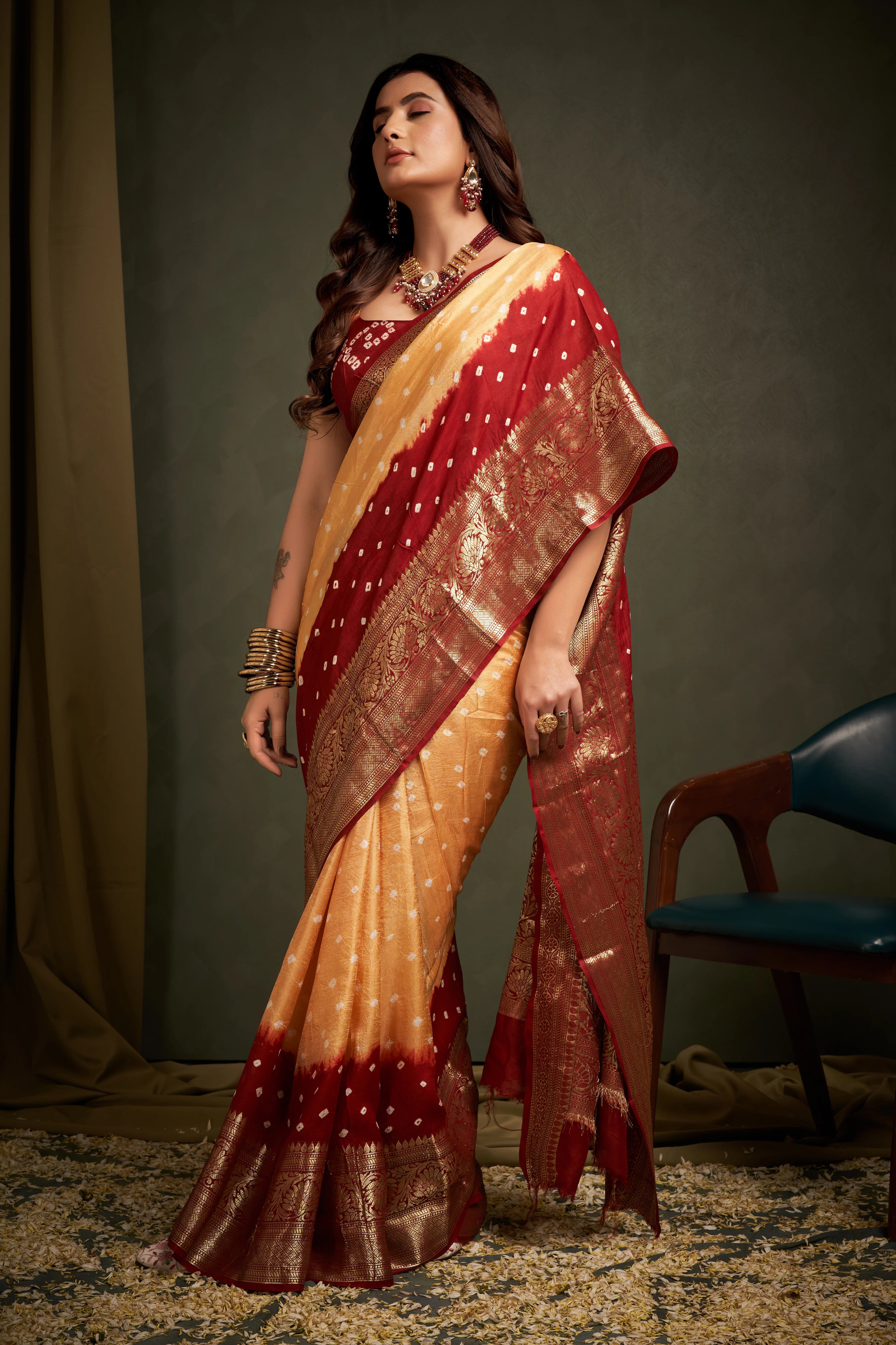 Charming Chikoo Kanjeevaram Silk Bandhani Saree