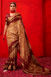 Earthy Chikoo Caramel Mullbery Silk Bandhani Saree