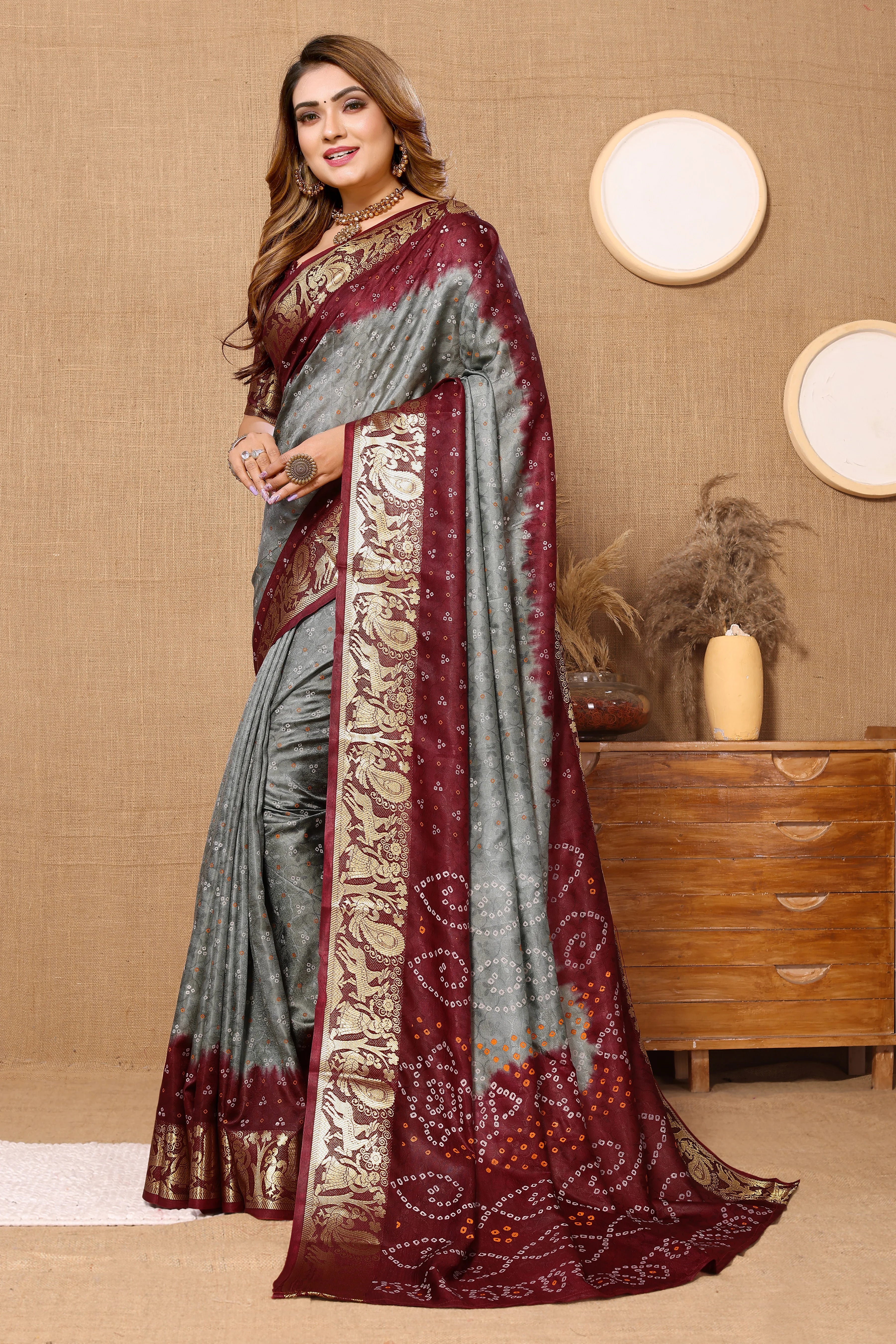 Classy Grey Jaquard Silk Bandhani Saree