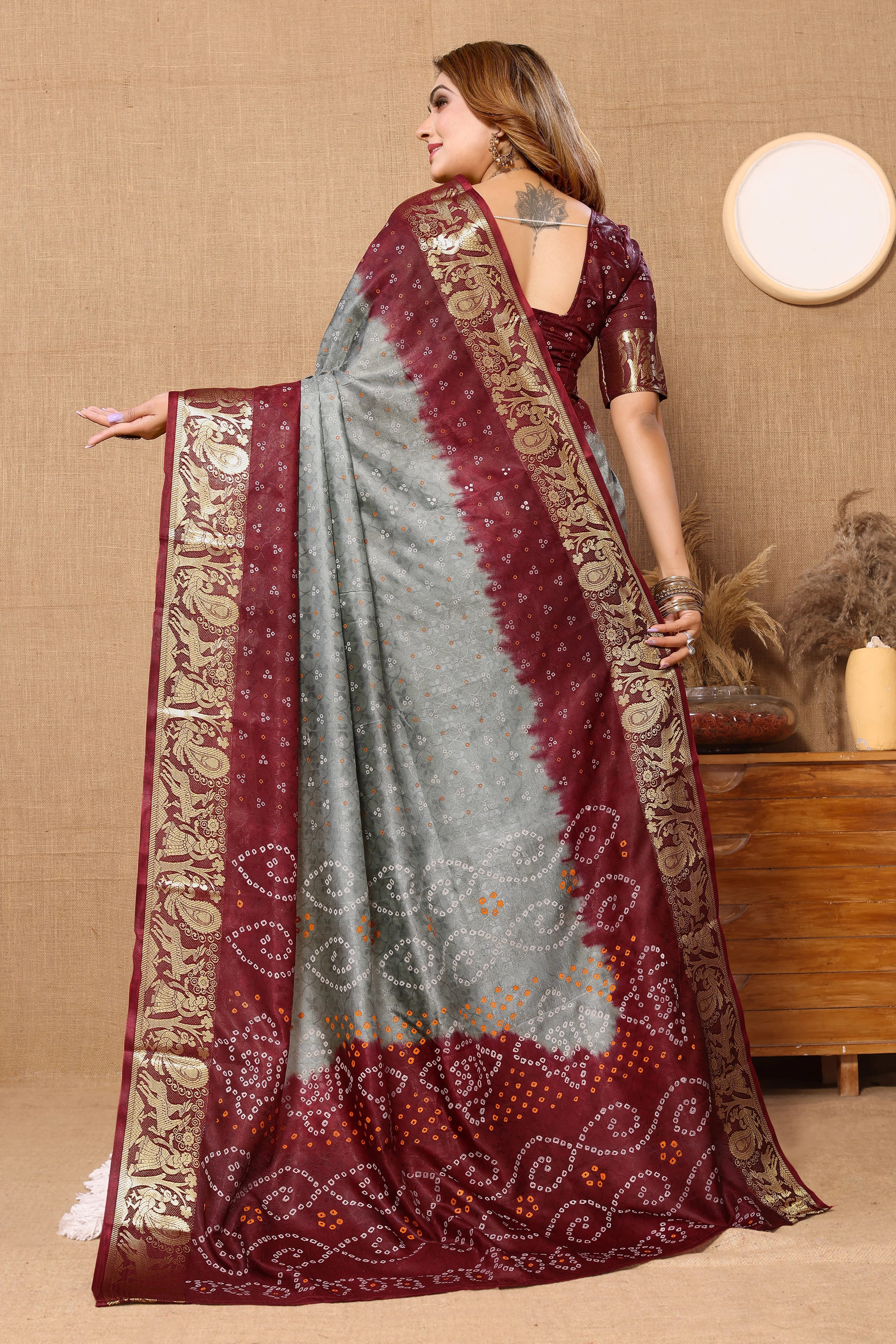 Classy Grey Jaquard Silk Bandhani Saree