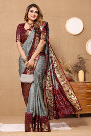 Classy Grey Jaquard Silk Bandhani Saree