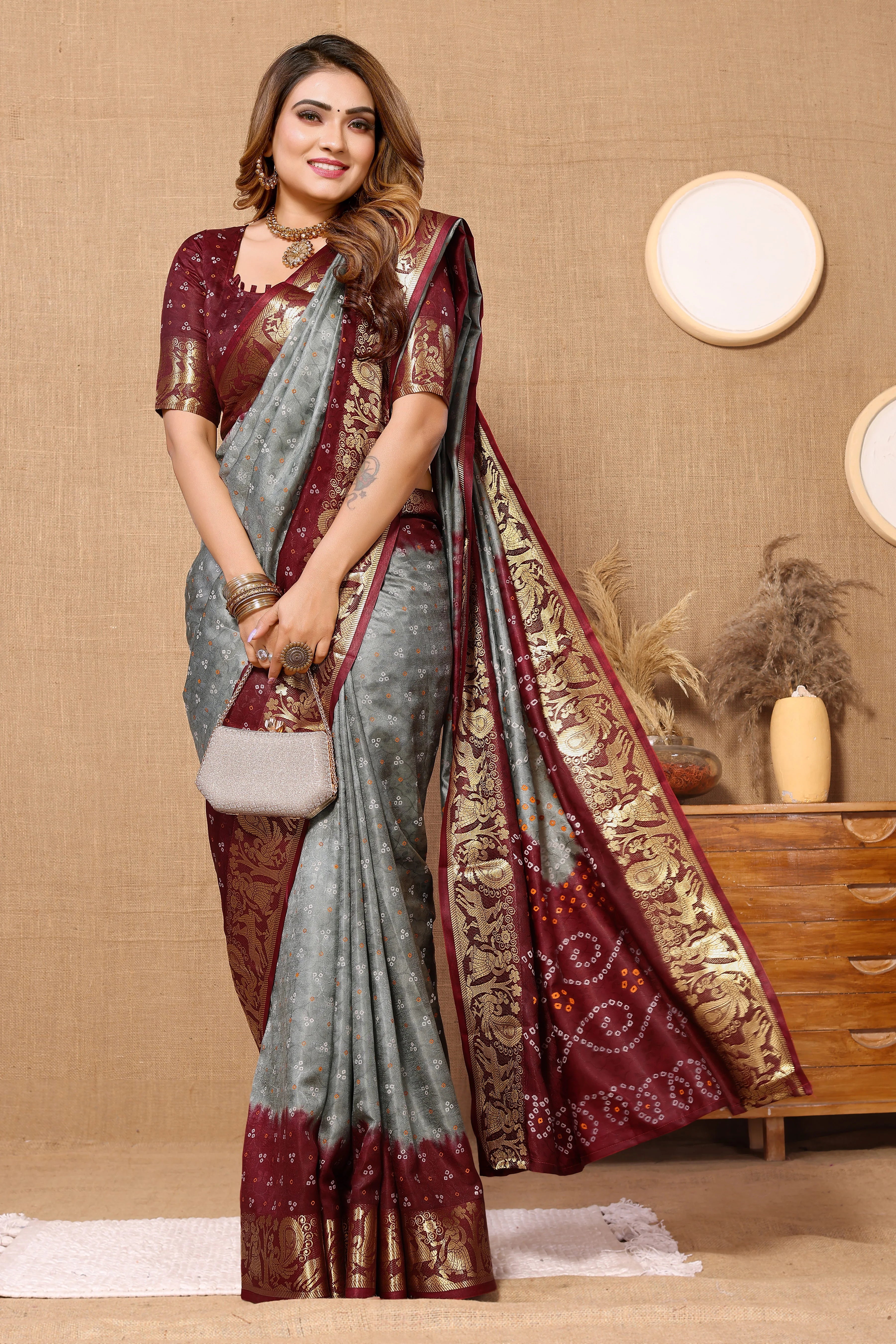 Classy Grey Jaquard Silk Bandhani Saree