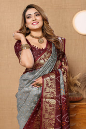 Classy Grey Jaquard Silk Bandhani Saree