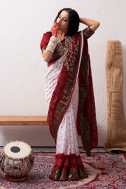 Rich Crimson Red Jaquard Silk Bandhani Saree