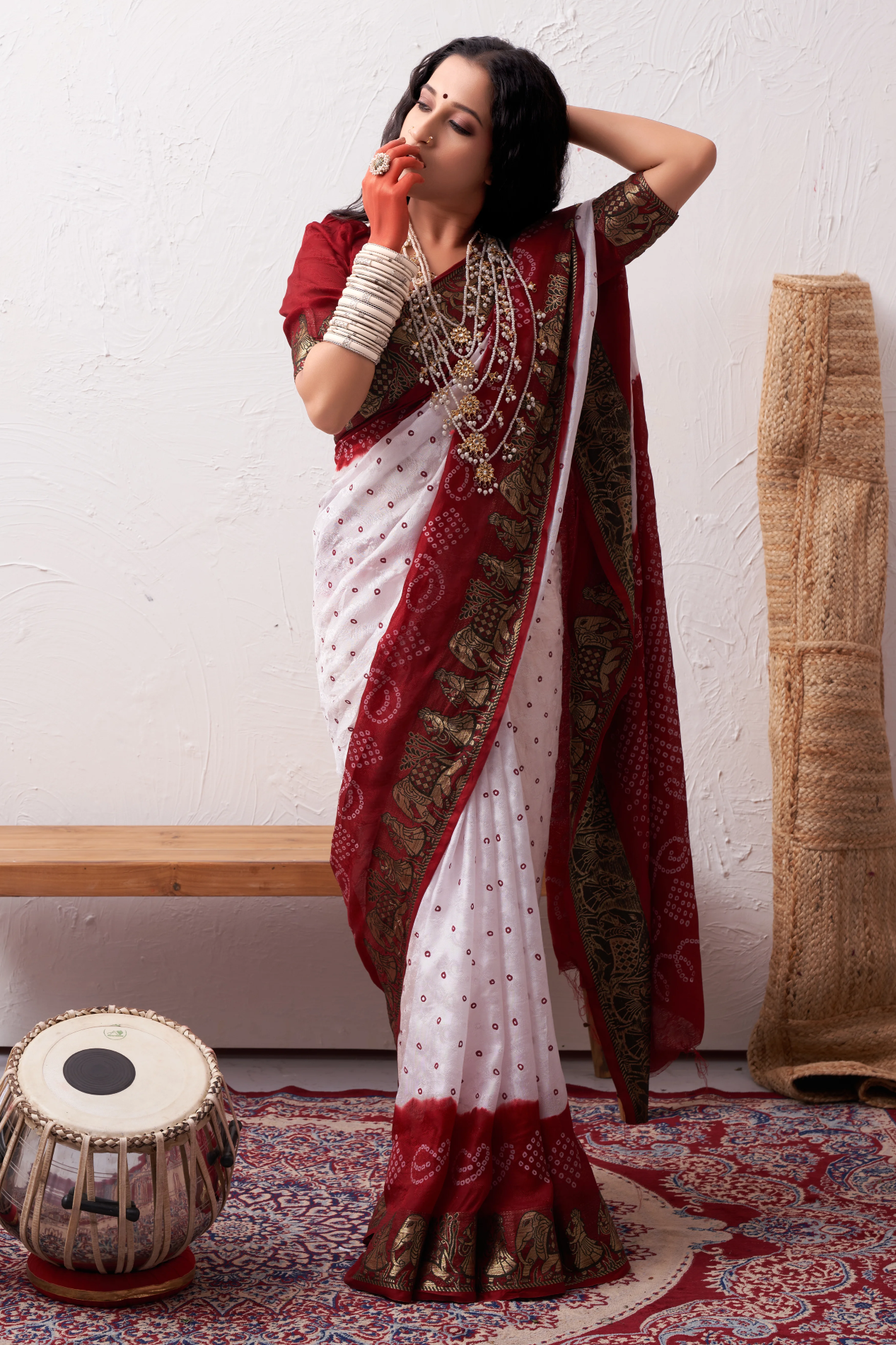 Rich Crimson Red Jaquard Silk Bandhani Saree