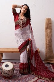 Rich Crimson Red Jaquard Silk Bandhani Saree