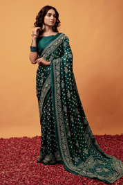 Bottle Green Sparkle Gajji Silk Bandhani Saree