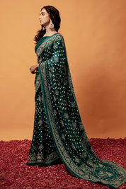 Bottle Green Sparkle Gajji Silk Bandhani Saree