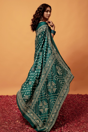 Bottle Green Sparkle Gajji Silk Bandhani Saree