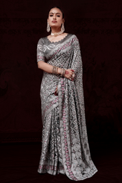 Grey Meenakari Mulberry Silk Bandhani Saree