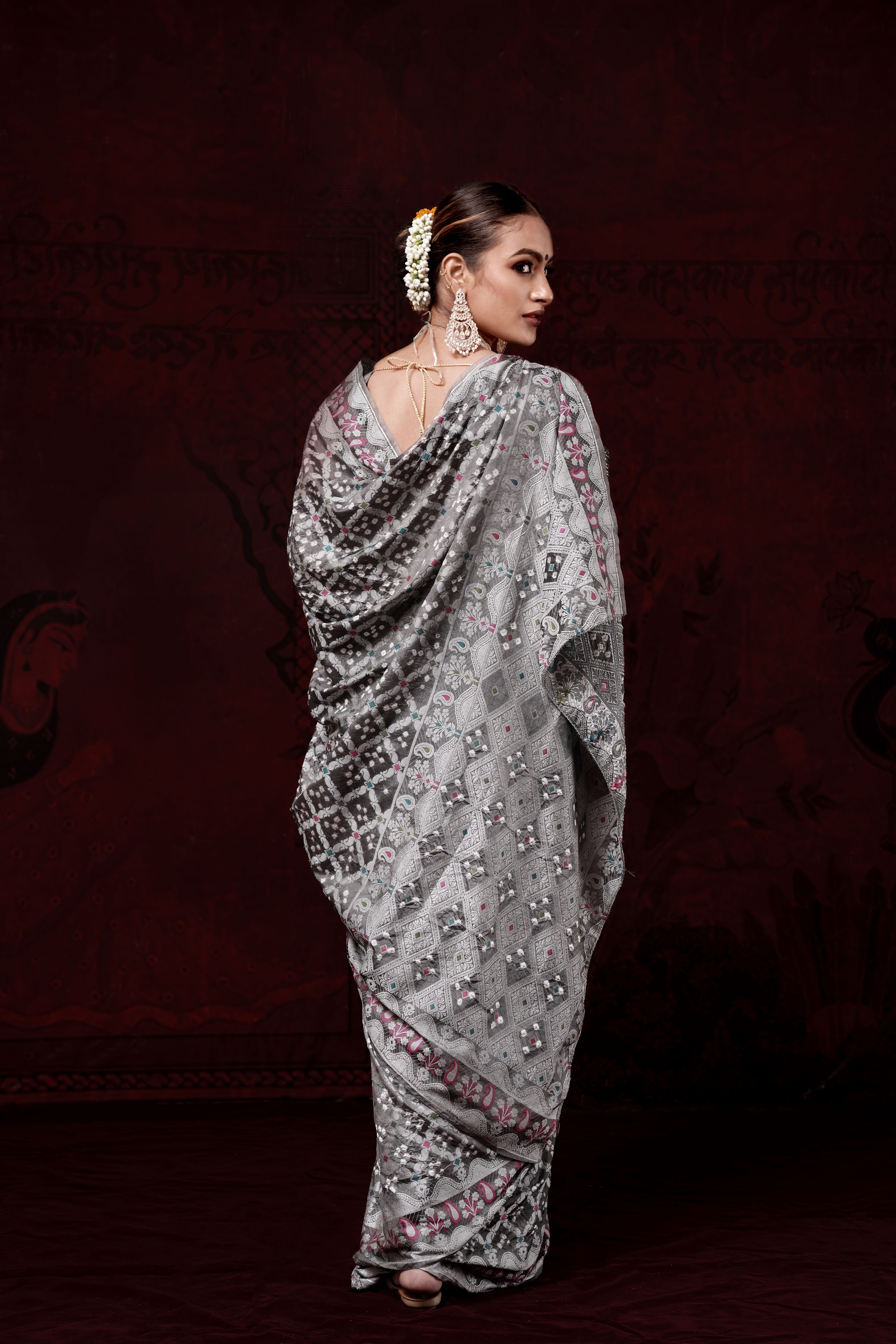 Grey Meenakari Mulberry Silk Bandhani Saree