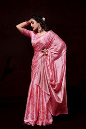 Sparkly Baby Pink Gajji Silk Bandhani Saree