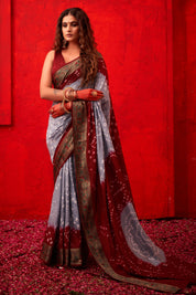 Refined Pearl Grey Dola Silk Bandhani Saree