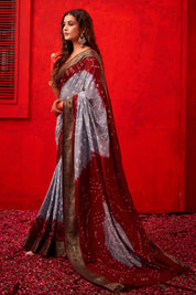 Refined Pearl Grey Dola Silk Bandhani Saree 2