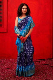 Sophisticated Marine Blue Dola Silk Bandhani Saree 4