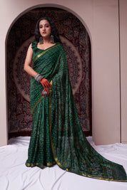 Emerald Jewel Bottle Green Soft Silk Bandhani Saree