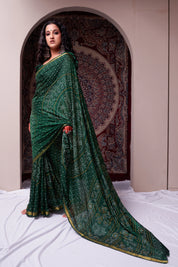 Emerald Jewel Bottle Green Soft Silk Bandhani Saree