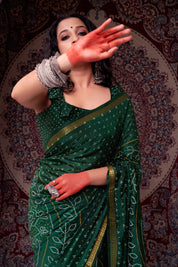 Emerald Jewel Bottle Green Soft Silk Bandhani Saree