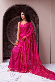 Blushing Rose Pink Soft Silk Bandhani Saree