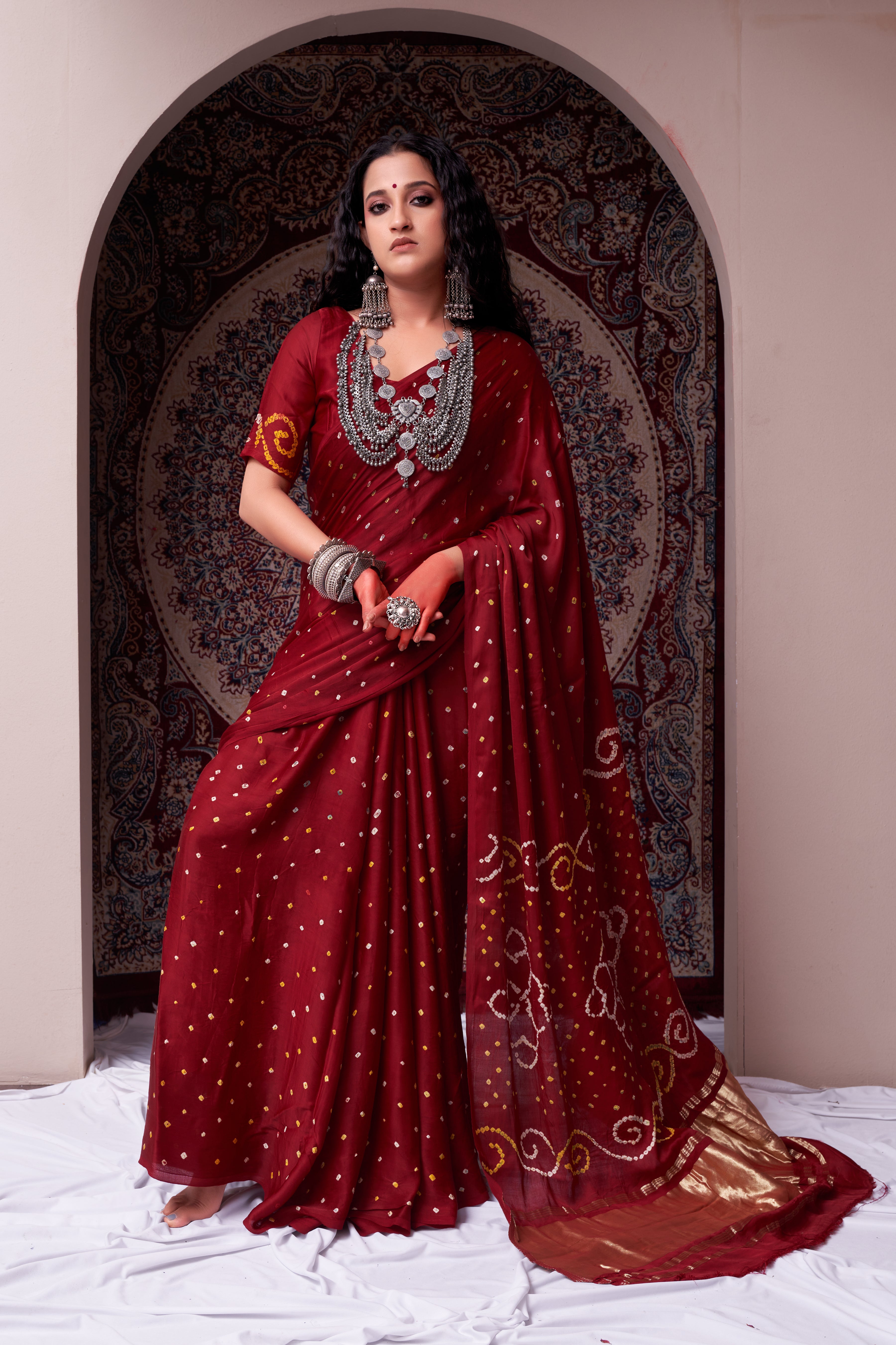 Refined Mahogany Maroon Gajji Silk Bandhani Saree