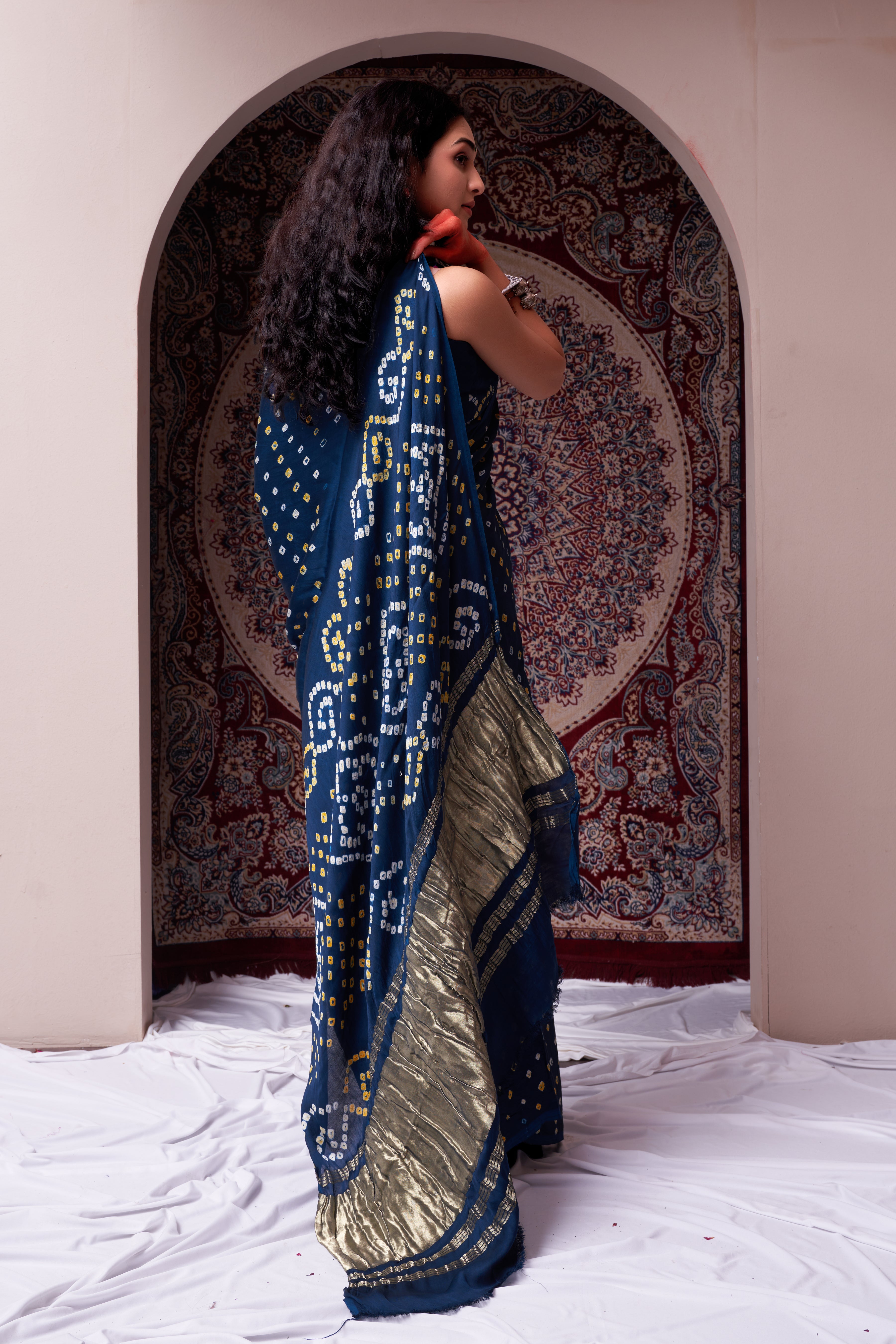 Majestic Prussian Blue Gajji Silk Bandhani Saree 6