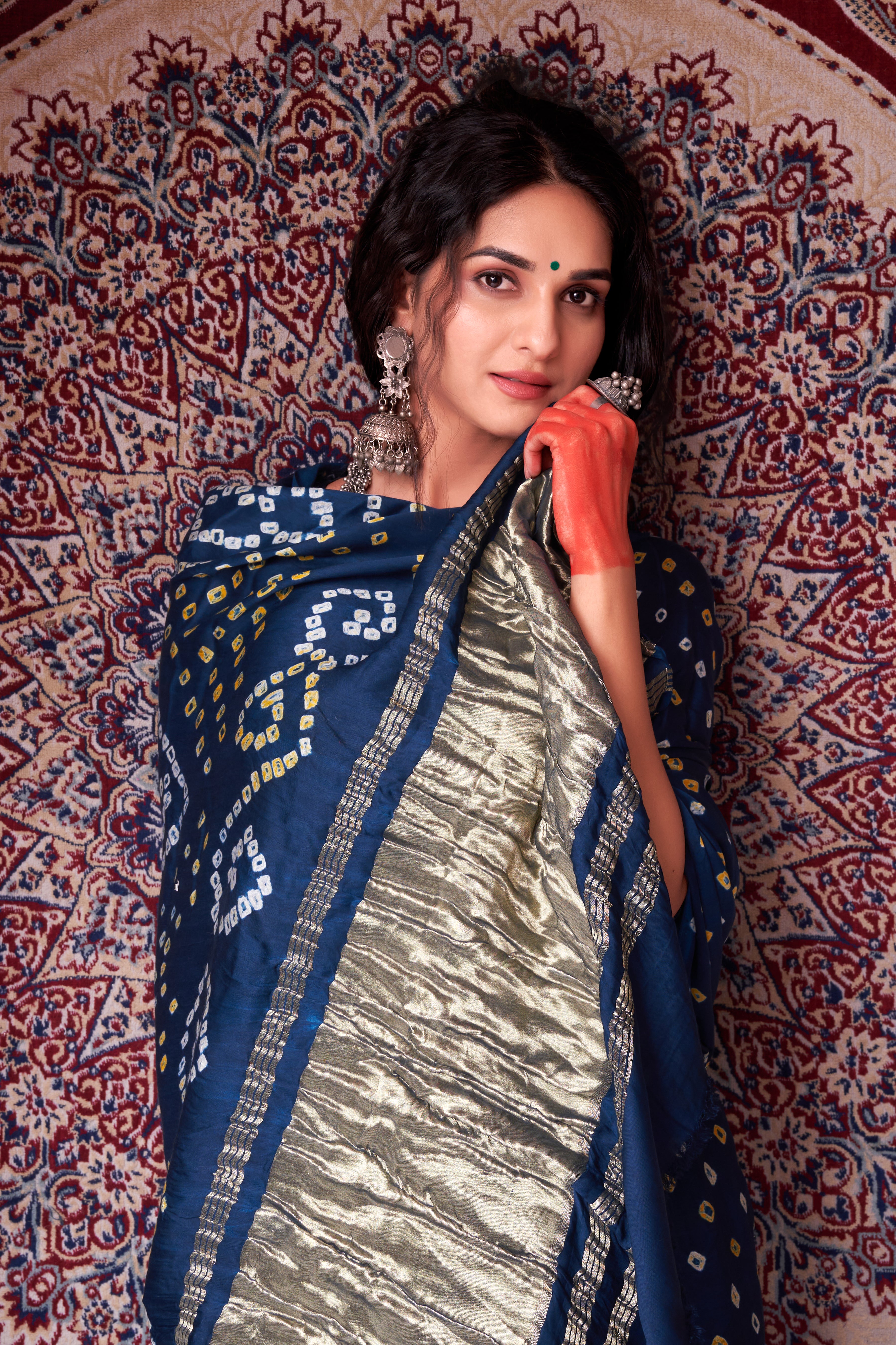 Majestic Prussian Blue Gajji Silk Bandhani Saree 5