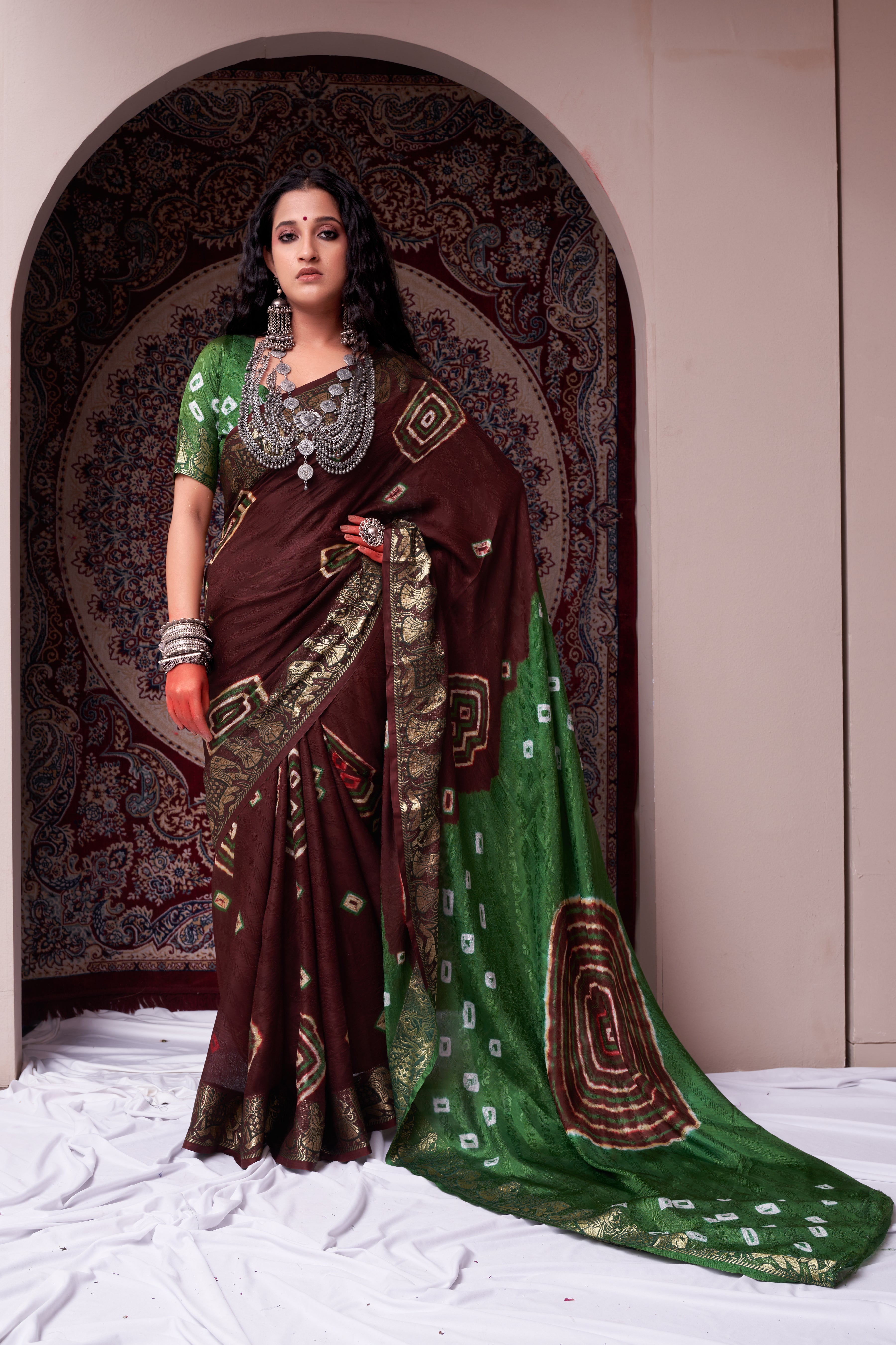 Elegant Mocha Brown Jaquard Silk Bandhani Saree