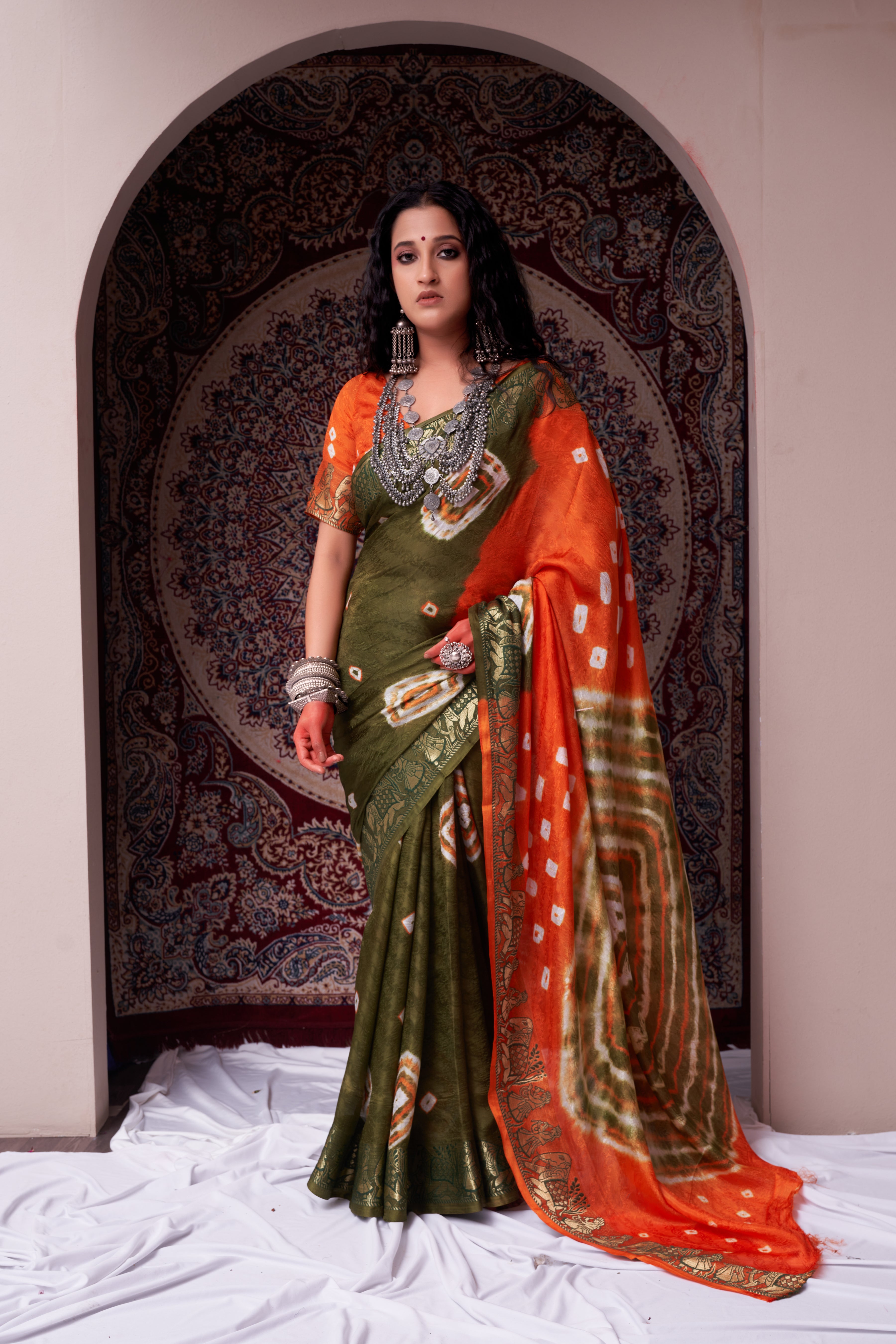 Lush Fern Jaquard Silk Bandhani Saree