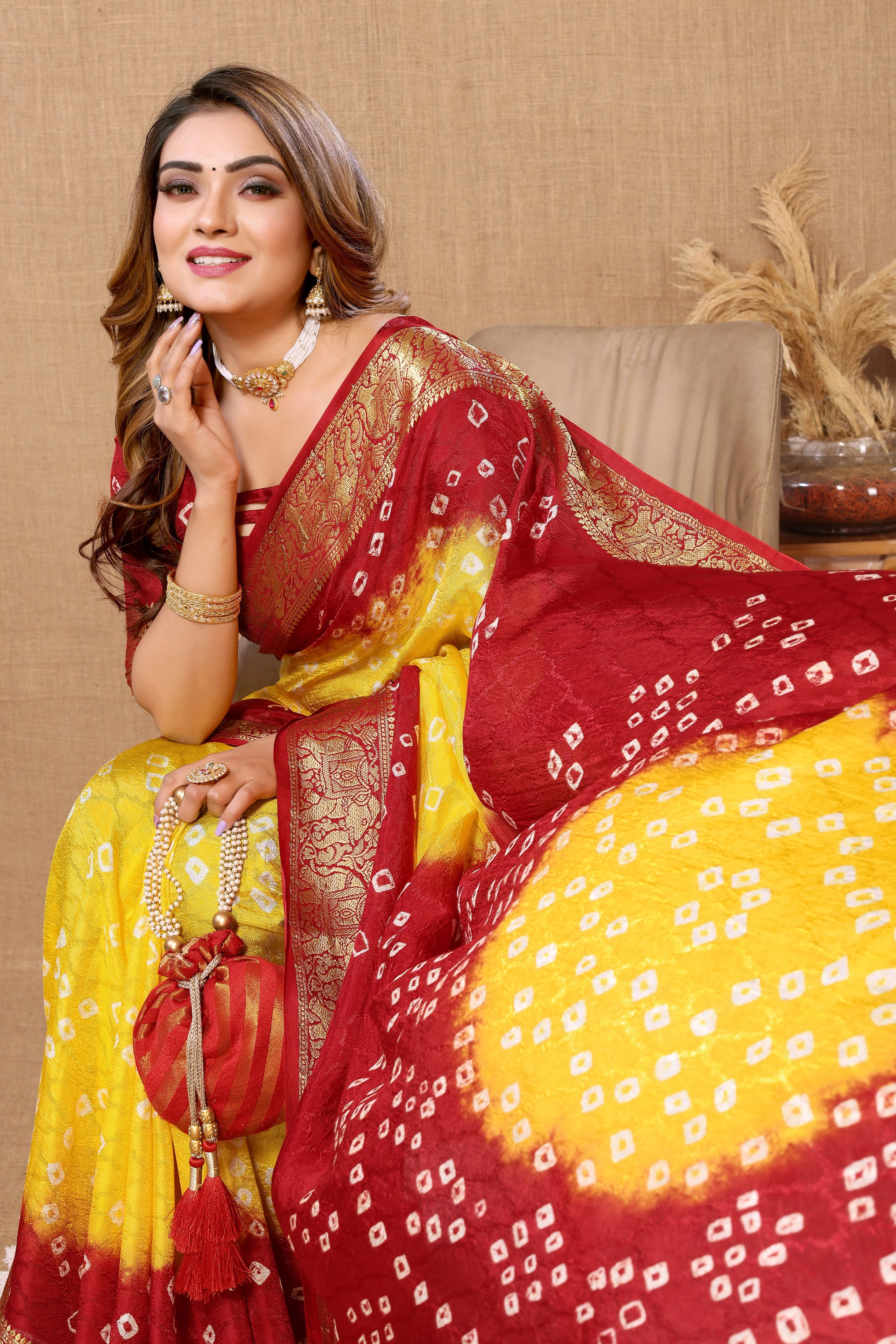 Daffodil Yellow Jaquard Silk Bandhani Saree