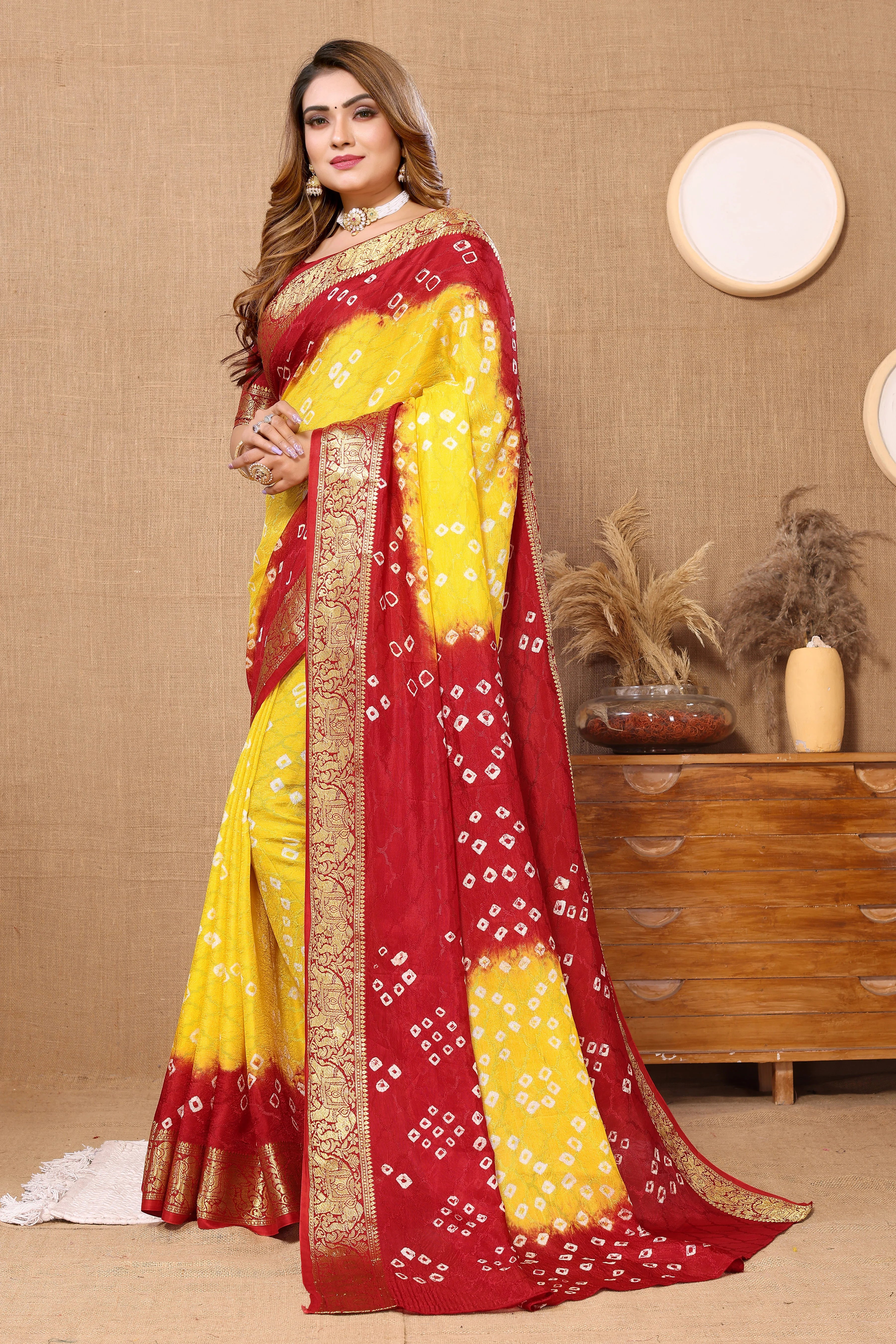 Daffodil Yellow Jaquard Silk Bandhani Saree