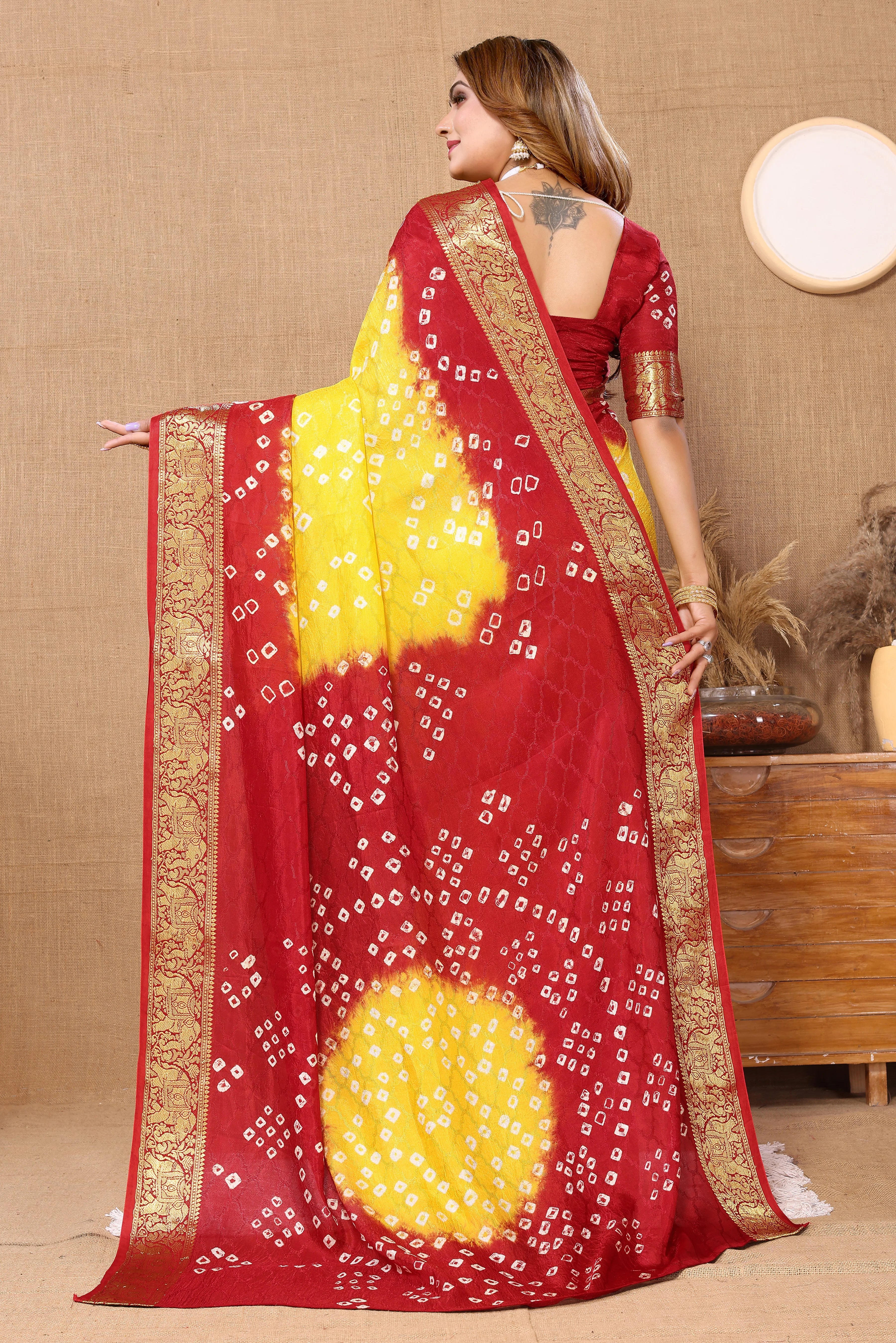 Daffodil Yellow Jaquard Silk Bandhani Saree