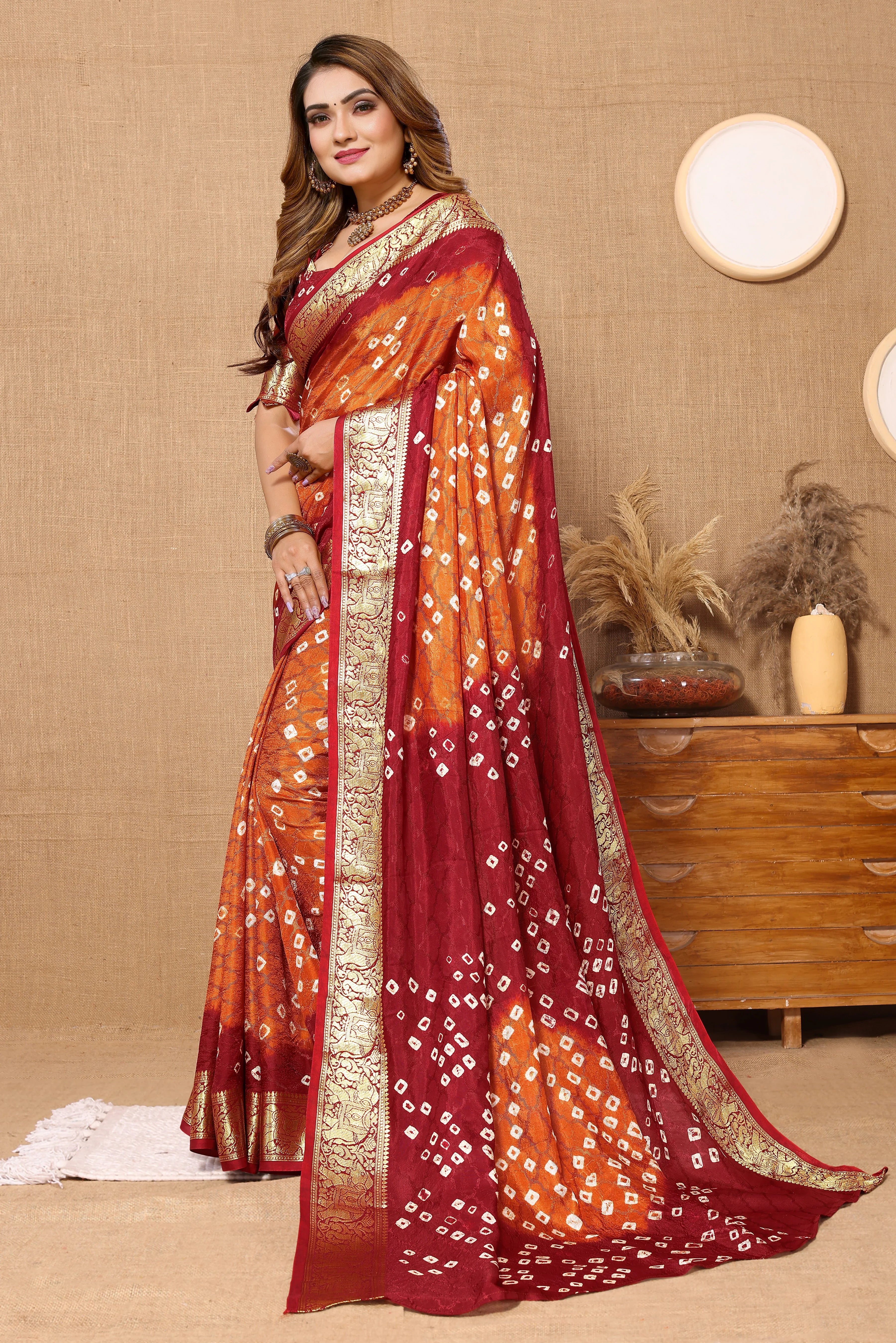 Fiery Fanta Jaquard Silk Bandhani Saree