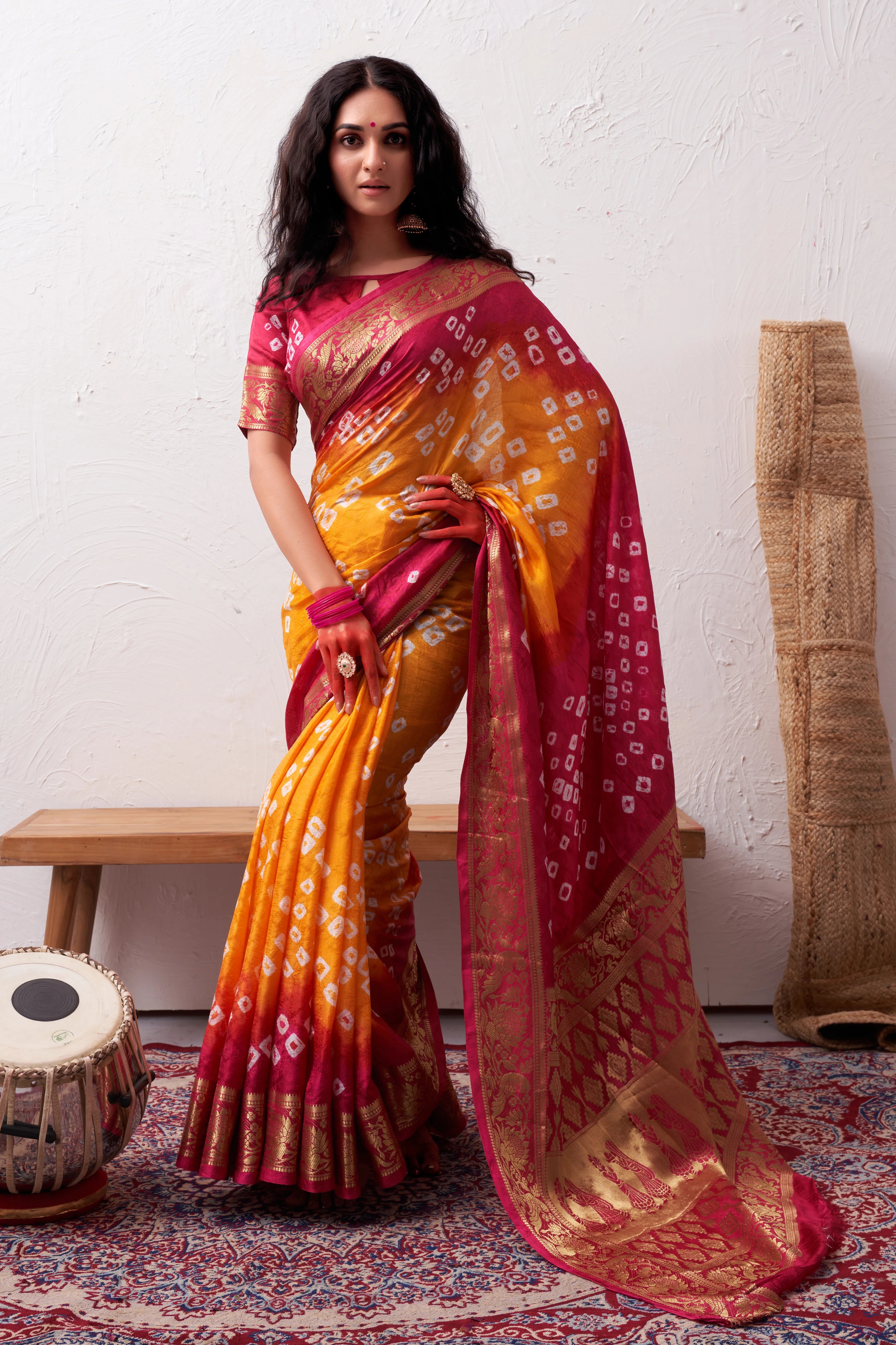 GoldMullberySilkBandhaniPartyWearSaree1.webp