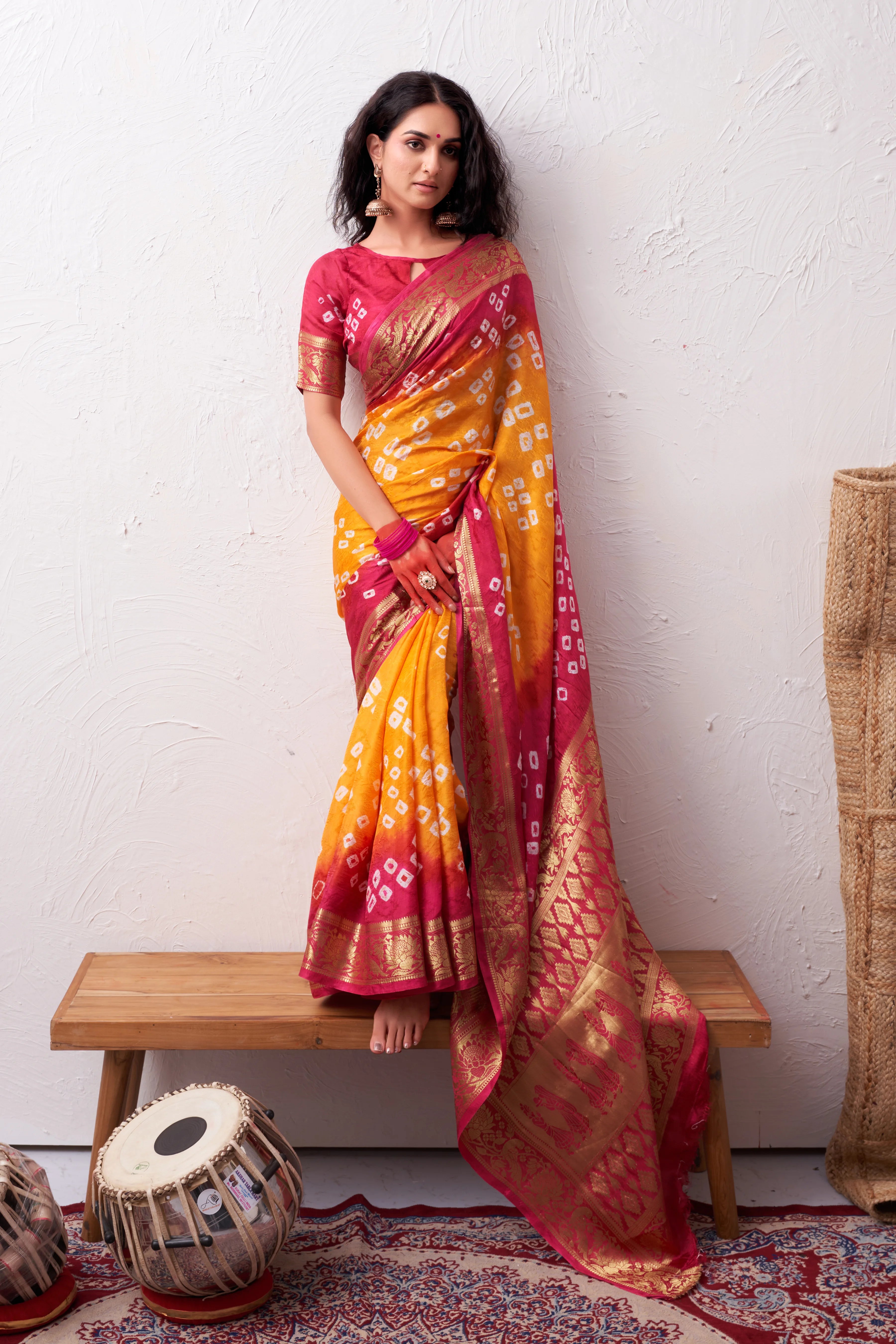 GoldMullberySilkBandhaniPartyWearSaree2.webp