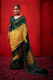 Golden Amber Yellow Jaquard Silk Bandhani Saree