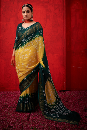 Golden Amber Yellow Jaquard Silk Bandhani Saree