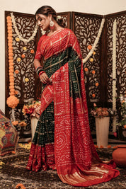 Green Dola Silk Ready to Wear Pocket Bandhani Saree
