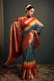 Graceful Mist Grey Kanjeevaram Silk Bandhani Saree