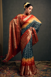 Graceful Mist Grey Kanjeevaram Silk Bandhani Saree