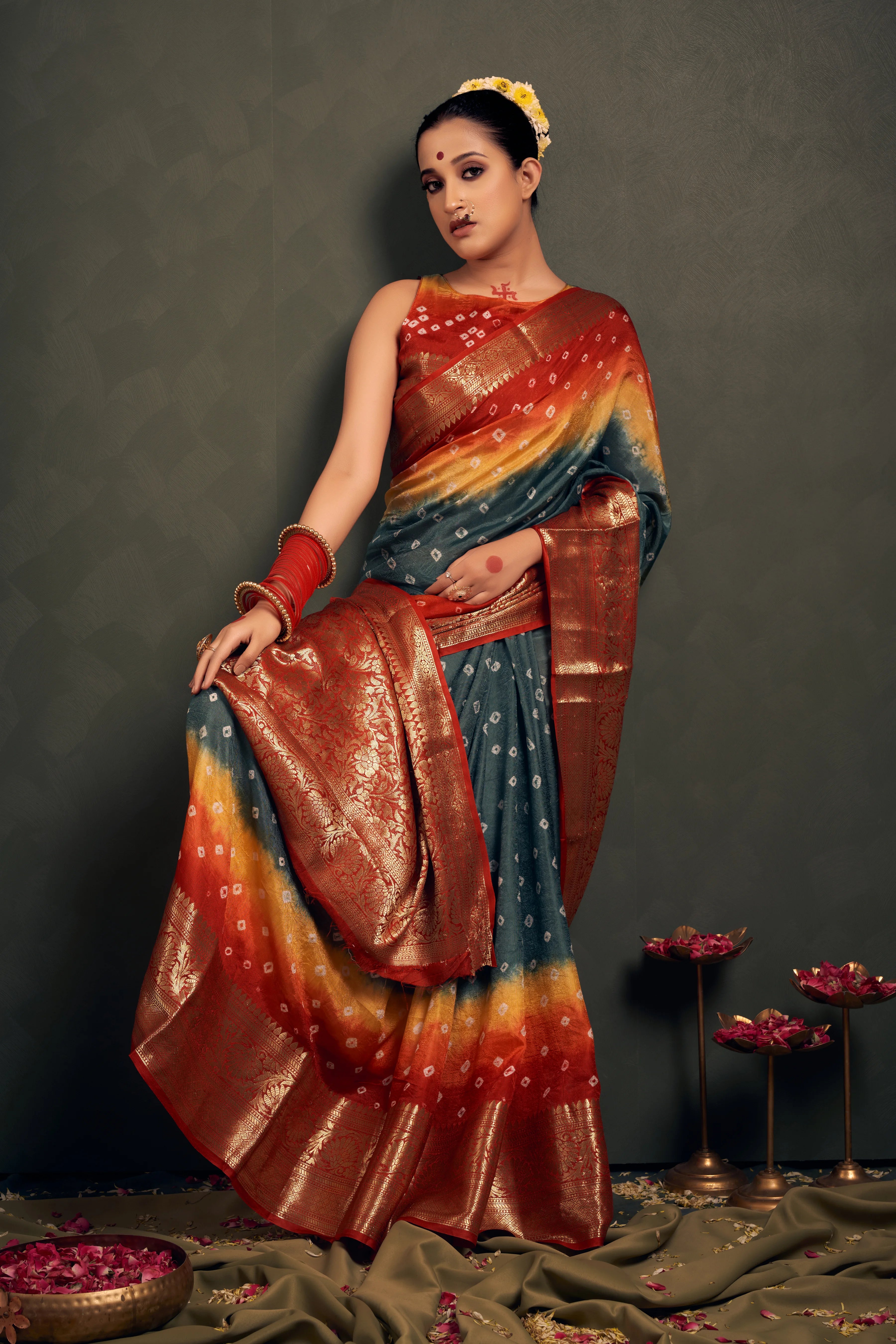 Graceful Mist Grey Kanjeevaram Silk Bandhani Saree