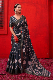 Grey Handloom Silk Digital Print Bandhani Saree