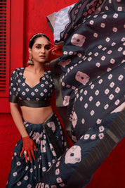 Grey Handloom Silk Digital Print Bandhani Saree