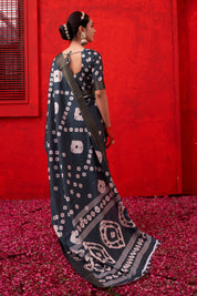 Grey Handloom Silk Digital Print Bandhani Saree