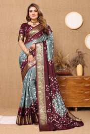 Graceful Grey Jaquard Silk Bandhani Saree