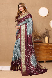 Graceful Grey Jaquard Silk Bandhani Saree