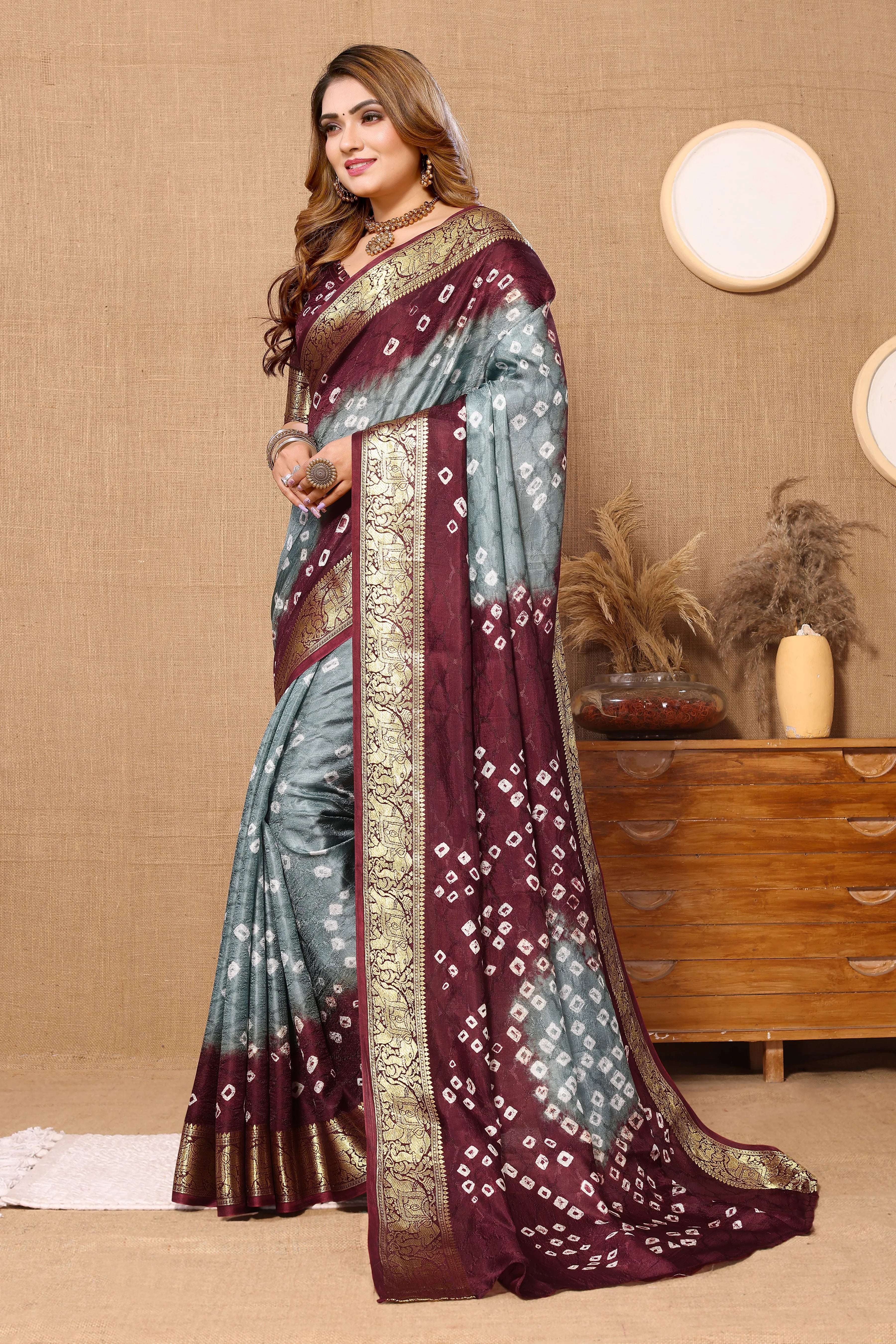 Graceful Grey Jaquard Silk Bandhani Saree