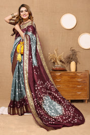 Graceful Grey Jaquard Silk Bandhani Saree