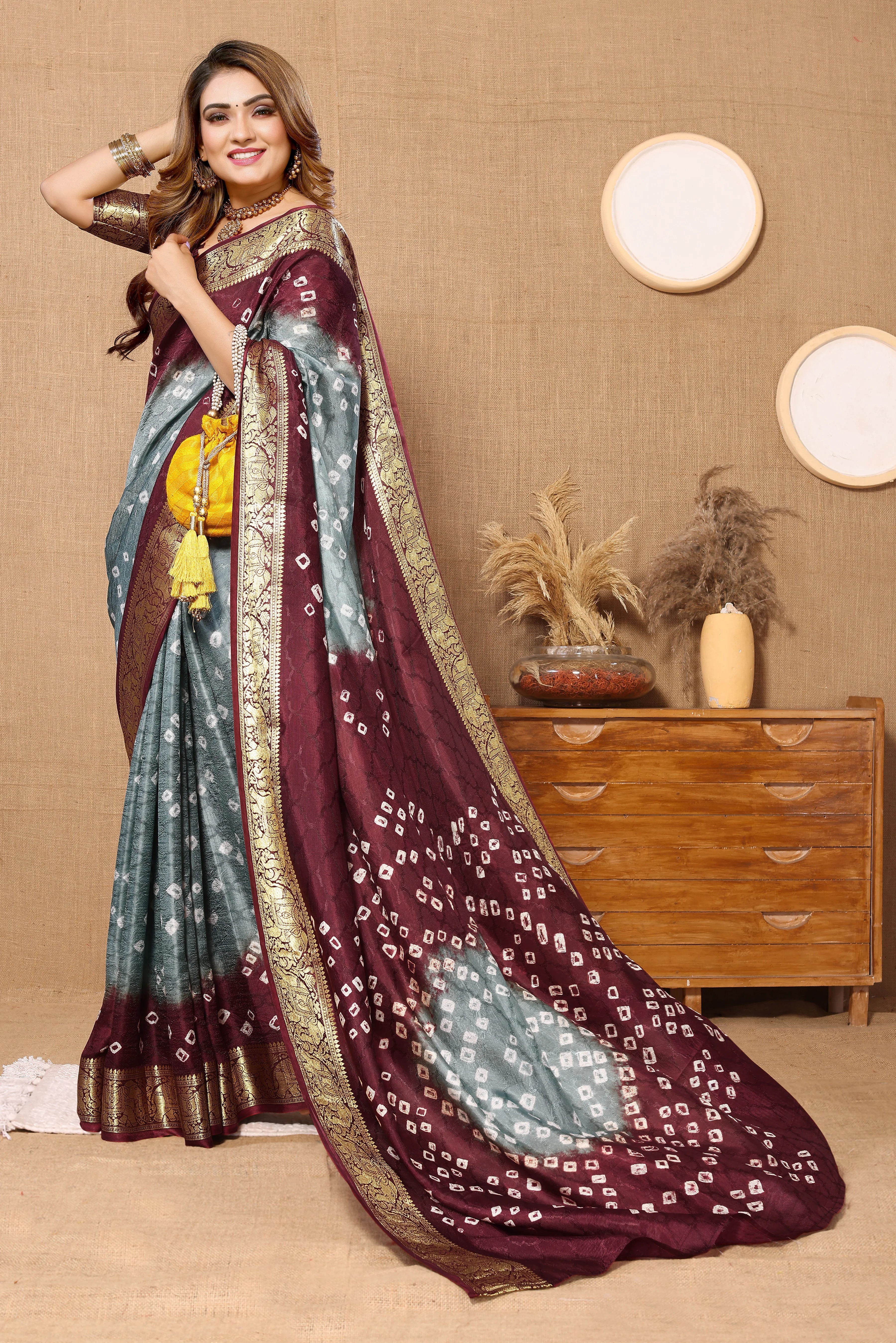 Graceful Grey Jaquard Silk Bandhani Saree