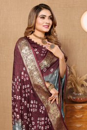 Graceful Grey Jaquard Silk Bandhani Saree